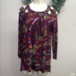 NWT Jones Studio Jewel Tones Geometric Print 3/4 Sleeve Cold Shoulder Blouse M